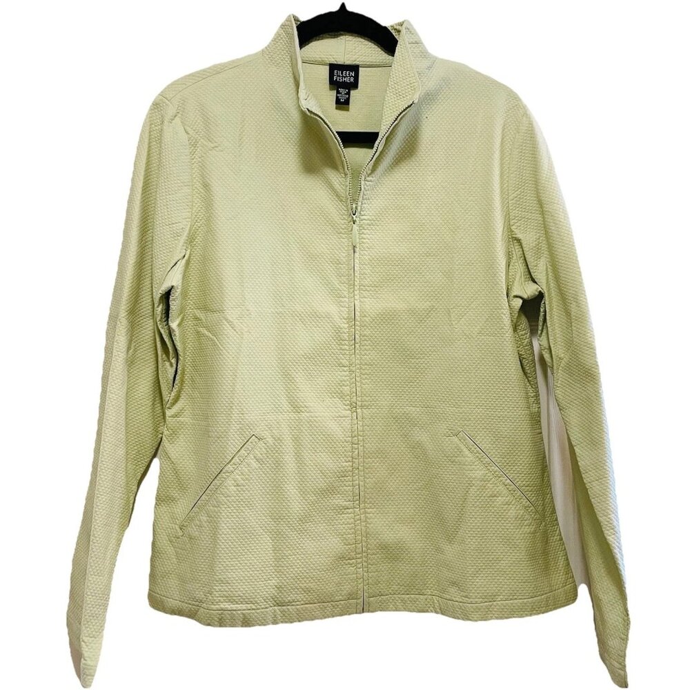EILEEN FISHER Yellow/Green Waffle Knit Full Zip Up Light Jacket Sz M NWOT